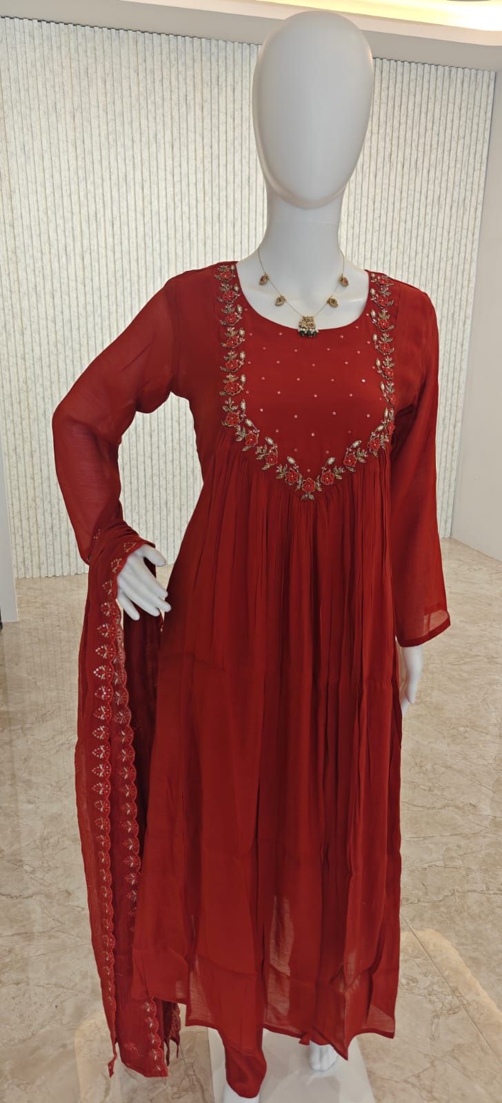 Rust Orrange Mul Chanderi Hand Embroidery A-Line Kurtha 265