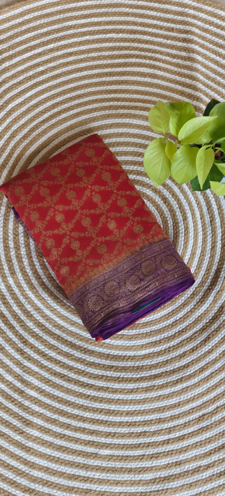 Pure Banarasi Crepe Saree PSS360-Red with Purple