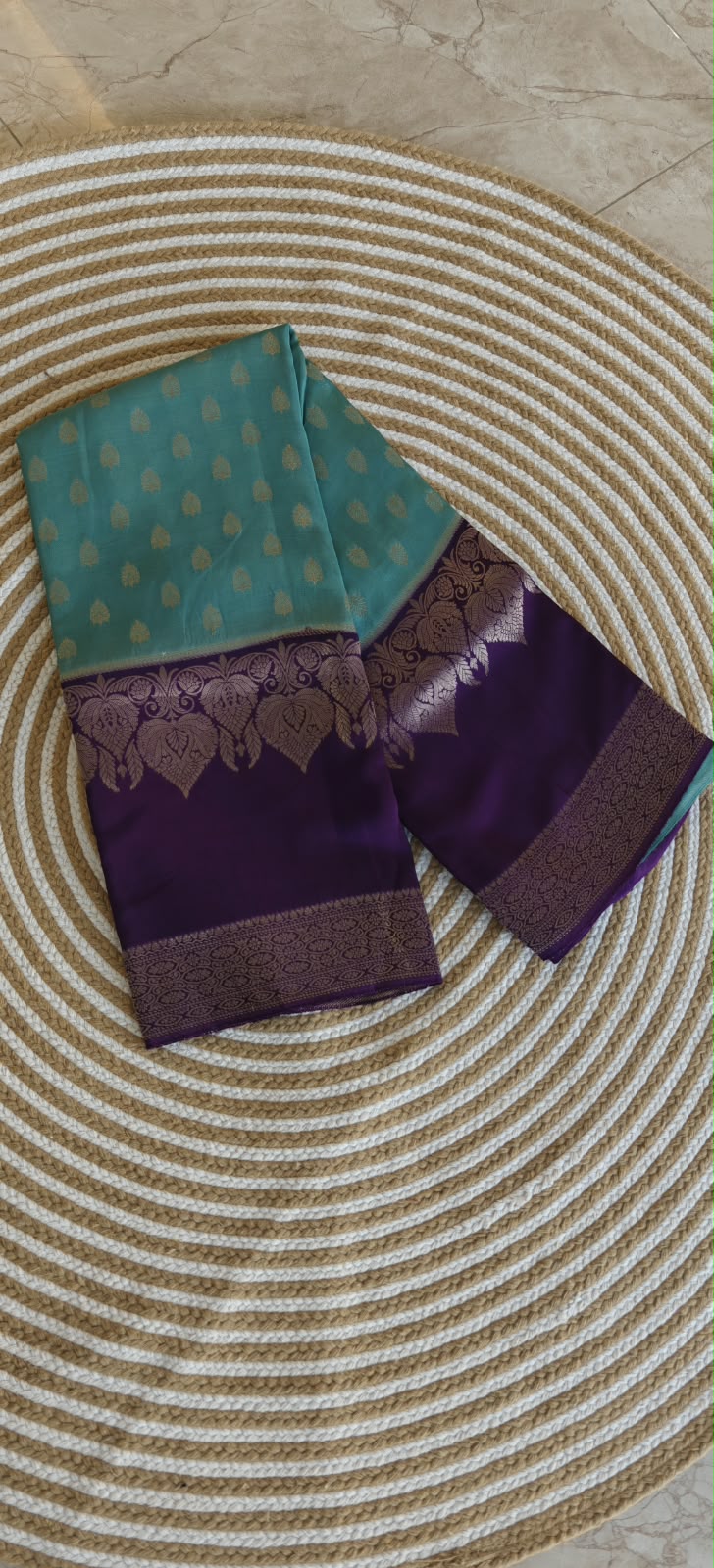 Semi Mysore Crepe Premium Teal blue with Purple SS-650