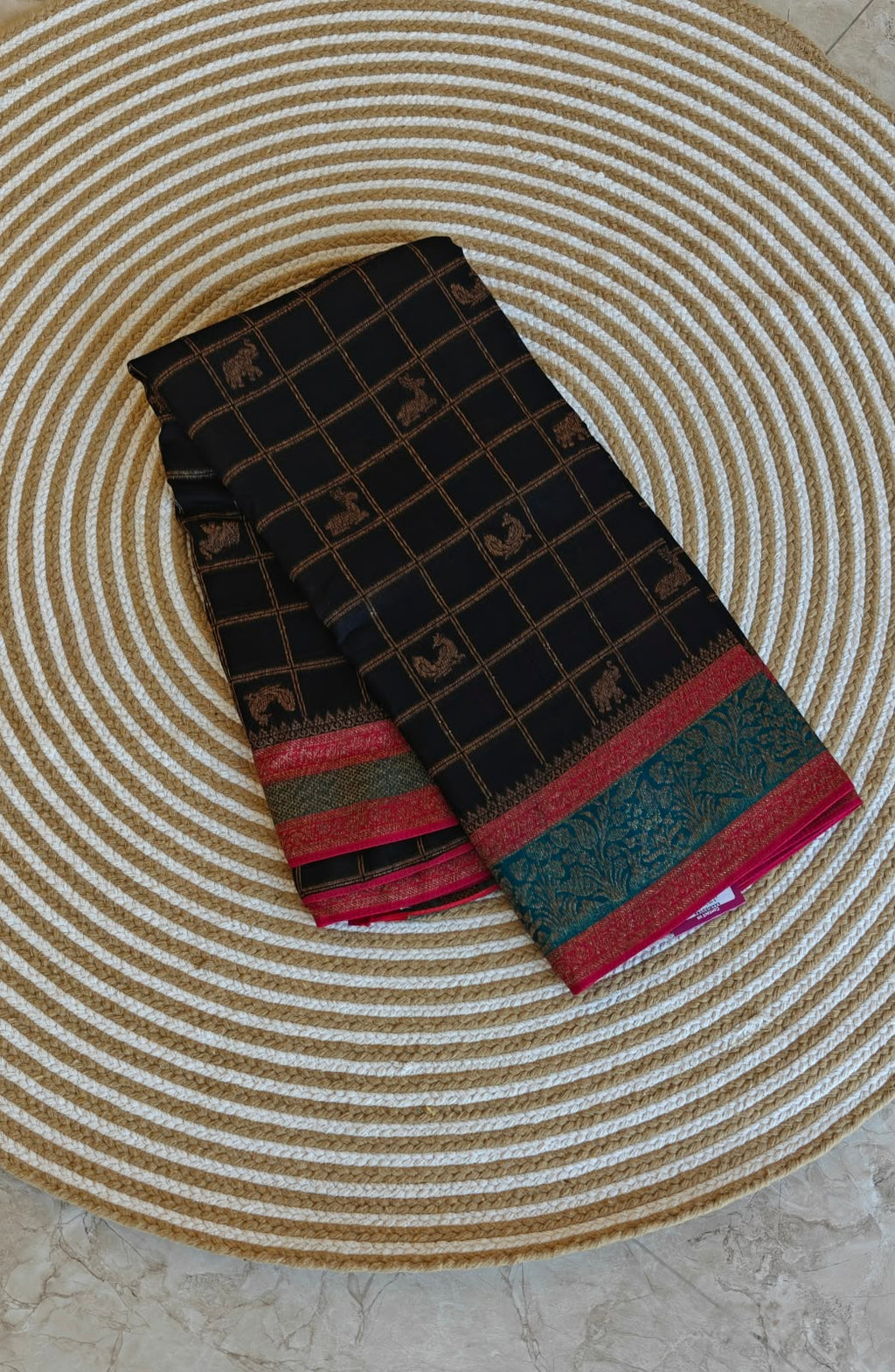 Black with Pink 3D Tusser Saree SS-349