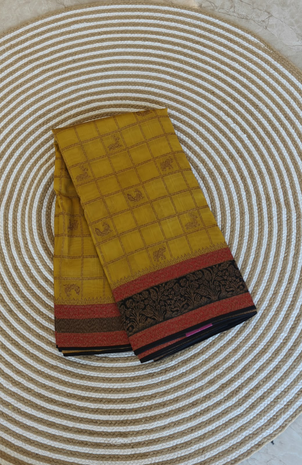 Yellow with Black 3D Tusser  Saree SS-349