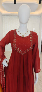 Rust Orrange Mul Chanderi Hand Embroidery A-Line Kurtha 265