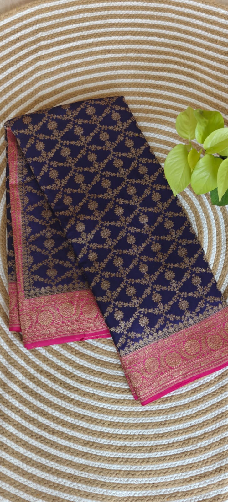 Pure Banarasi Crepe Saree PSS360-Neavy Blue with Pink