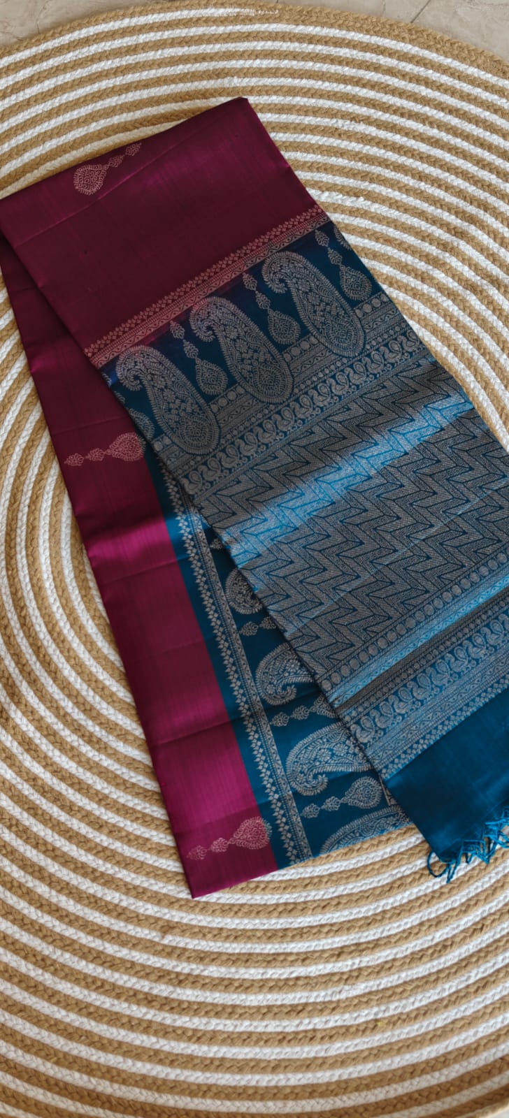 Pure Kanchi Hevy Soft Silk PSS404-Wine with Peacock blue