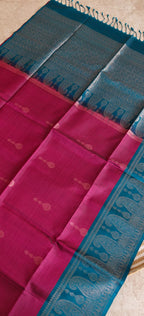 Pure Kanchi Hevy Soft Silk PSS404-Wine with Peacock blue