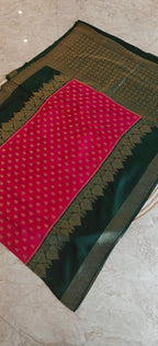Semi Mysore Crepe Premium Rani Pink With Bottle green SS-650