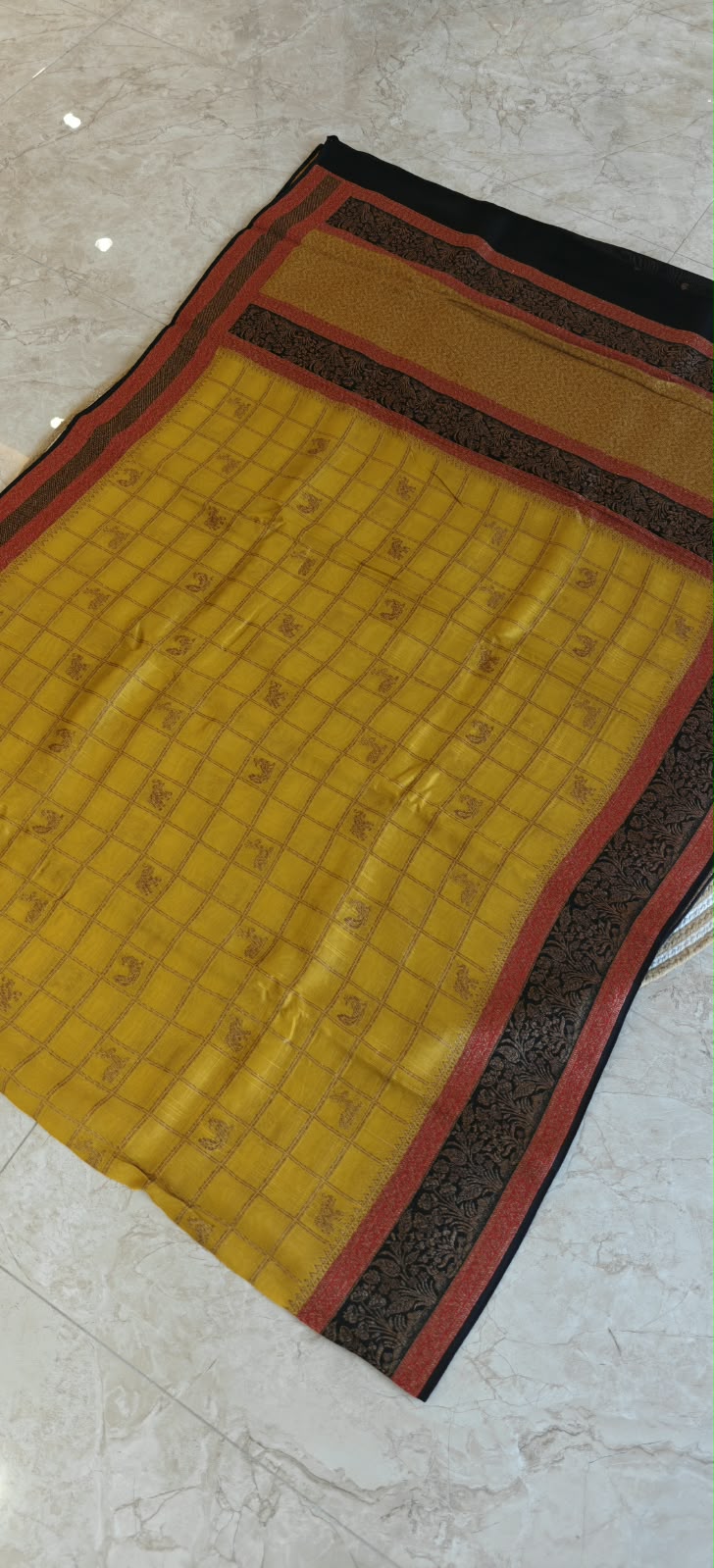 Yellow with Black 3D Tusser  Saree SS-349