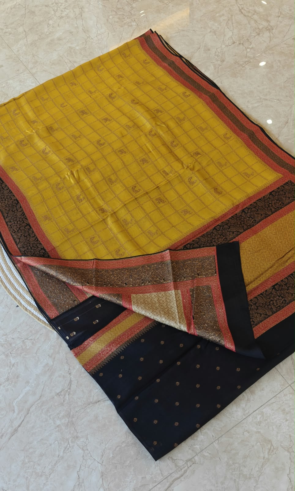 Yellow with Black 3D Tusser  Saree SS-349